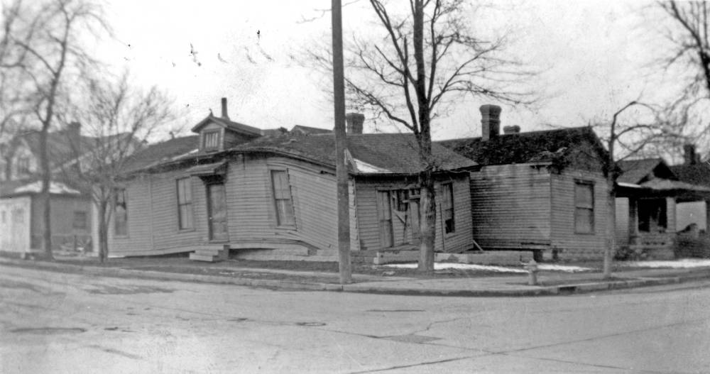 Florist shop completely removed from its foundation and redeposited in someone’s front yard, in Jeffersonville, IN. Source: UASC, MSS 272-0288.