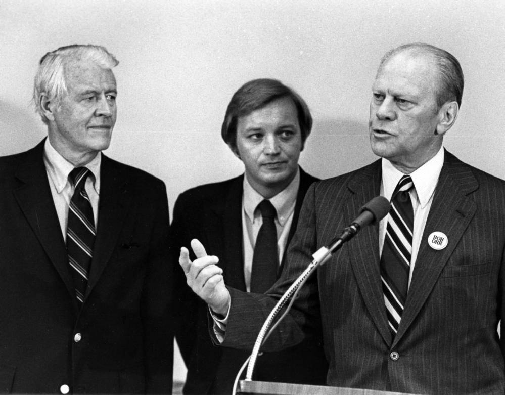 Robert Orr, Joel Deckard, and Gerald Ford in Evansville, Indiana, 1976. Source: UASC, MSS 181-0443.